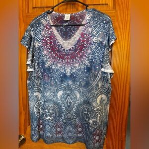 Time and Tru Blue and Purple Graphic Blouse